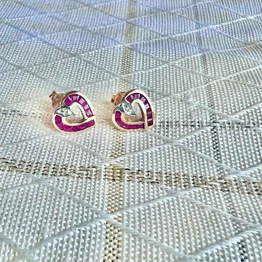 14K Gold Ruby Heart Earrings with Dimond Accent, Birthstone Earrings